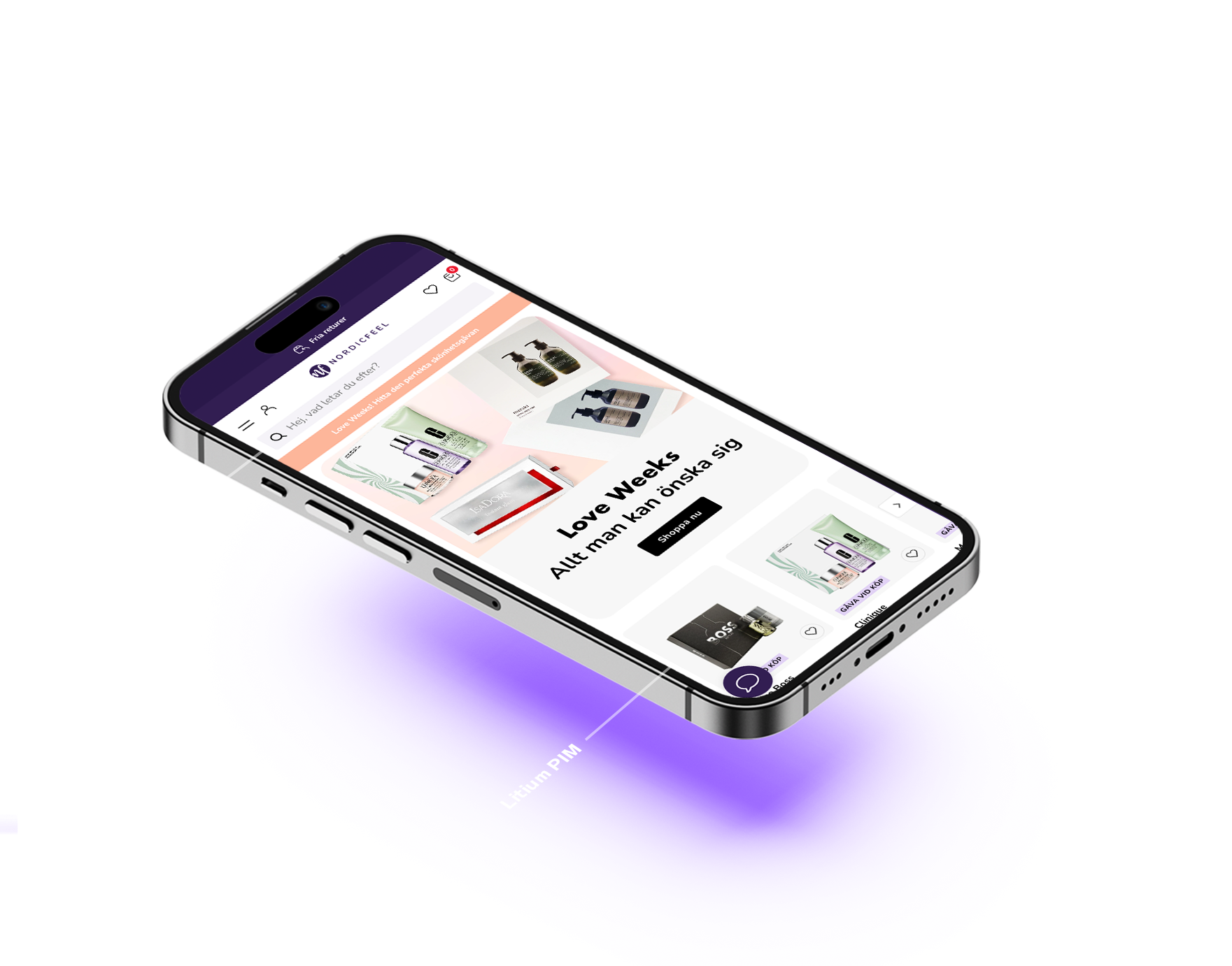 An image of NordicFeels website with Litium's techstack: Litium PIM, Litium Search, Litium CMS and Litium Campaign Engine. 