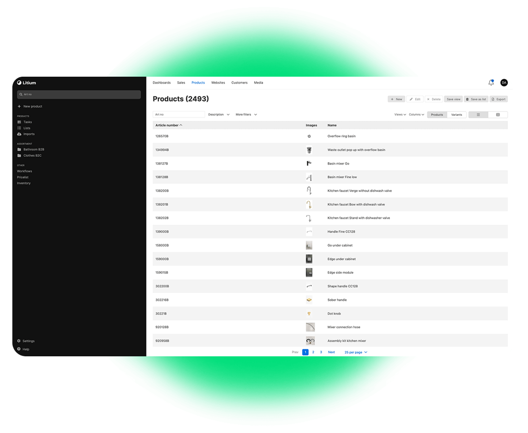 A screenshot displaying Litium PIM with a green glowing gradient circle in the background