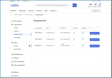 Shopping list Customer portal